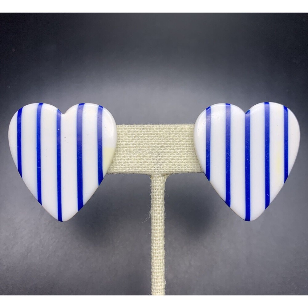 Plastic Heart Clip On Earrings 80s Blue White Striped Large Big Bold Vintage